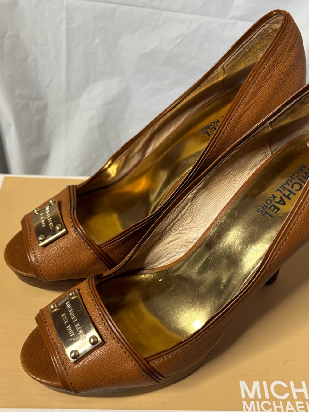 Michael Kors Cognac Leather Peep-Toe Platform Pumps